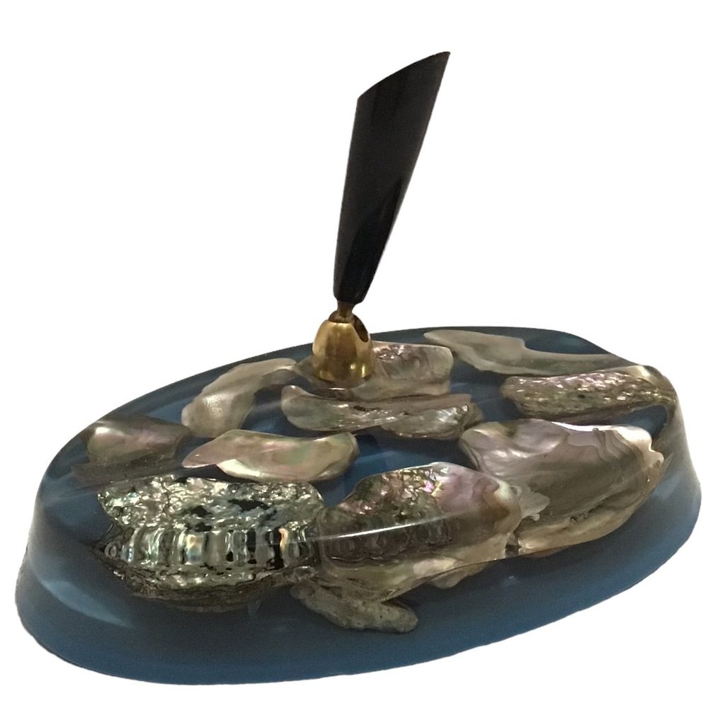 Vintage Lucite Acrylic Resin Abalone Sea Shell Pen Holder Mid Century Decor